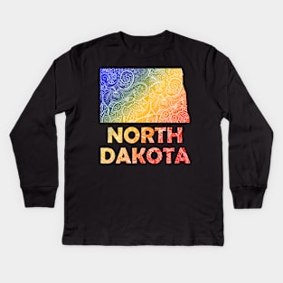 Colorful mandala art map of North Dakota with text in blue, yellow, and red Kids Long Sleeve T-Shirt